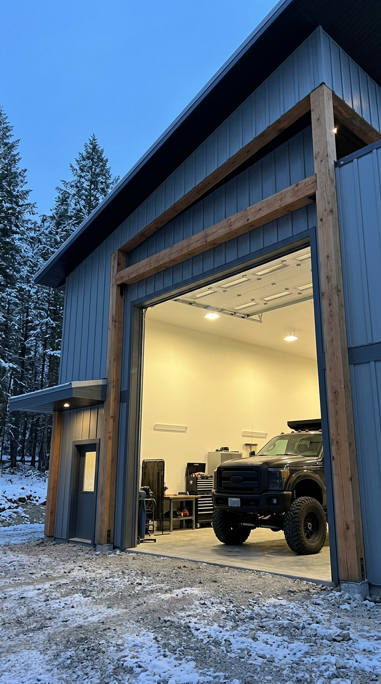 Vertical photograph of a massive custom acreage shop in the East Kootenays featuring an open commercial garage bay door and a lifted truck parked inside at twilight.