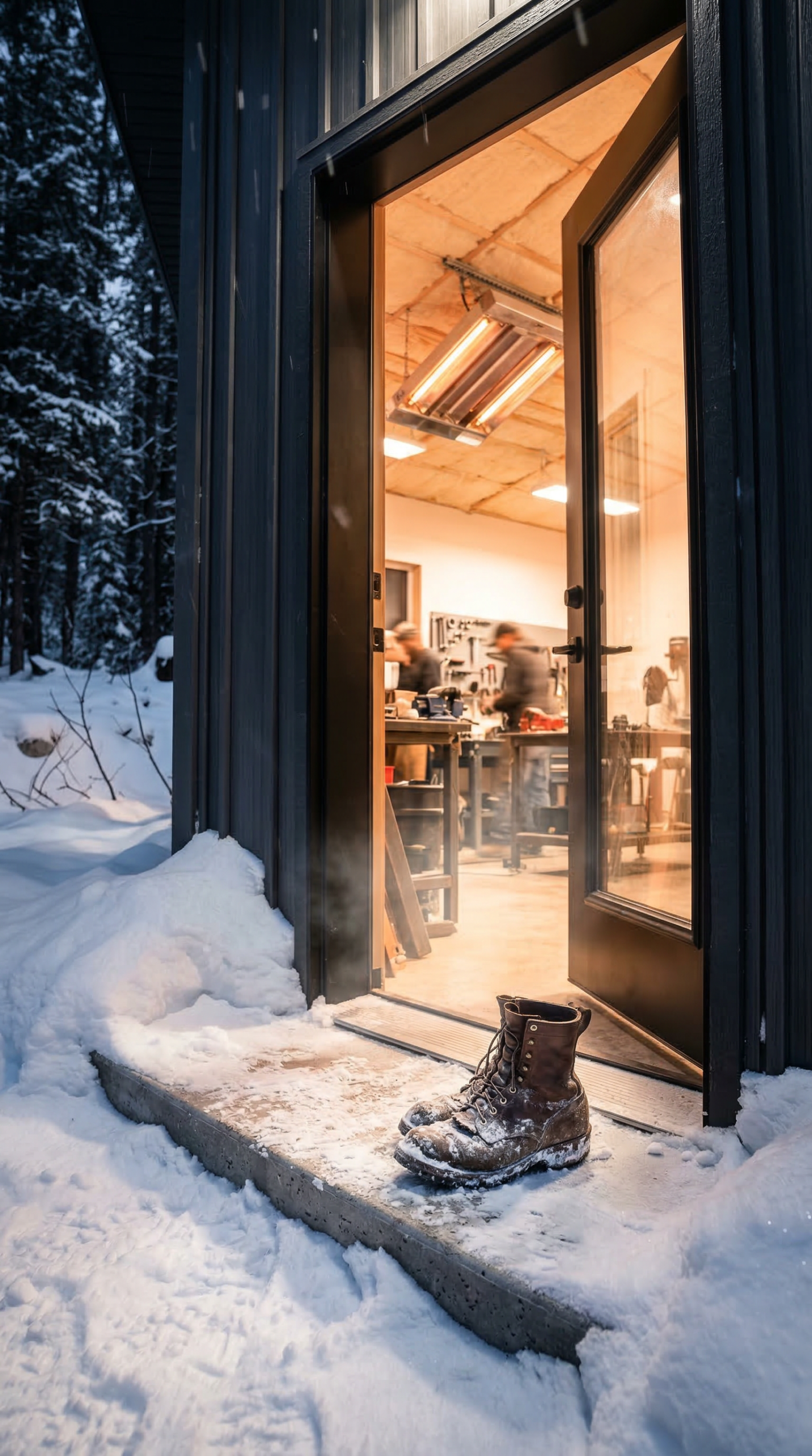 Vertical view looking from a freezing snowy Kootenay winter night into a bright warm custom acreage shop featuring a glowing professional radiant heating system.