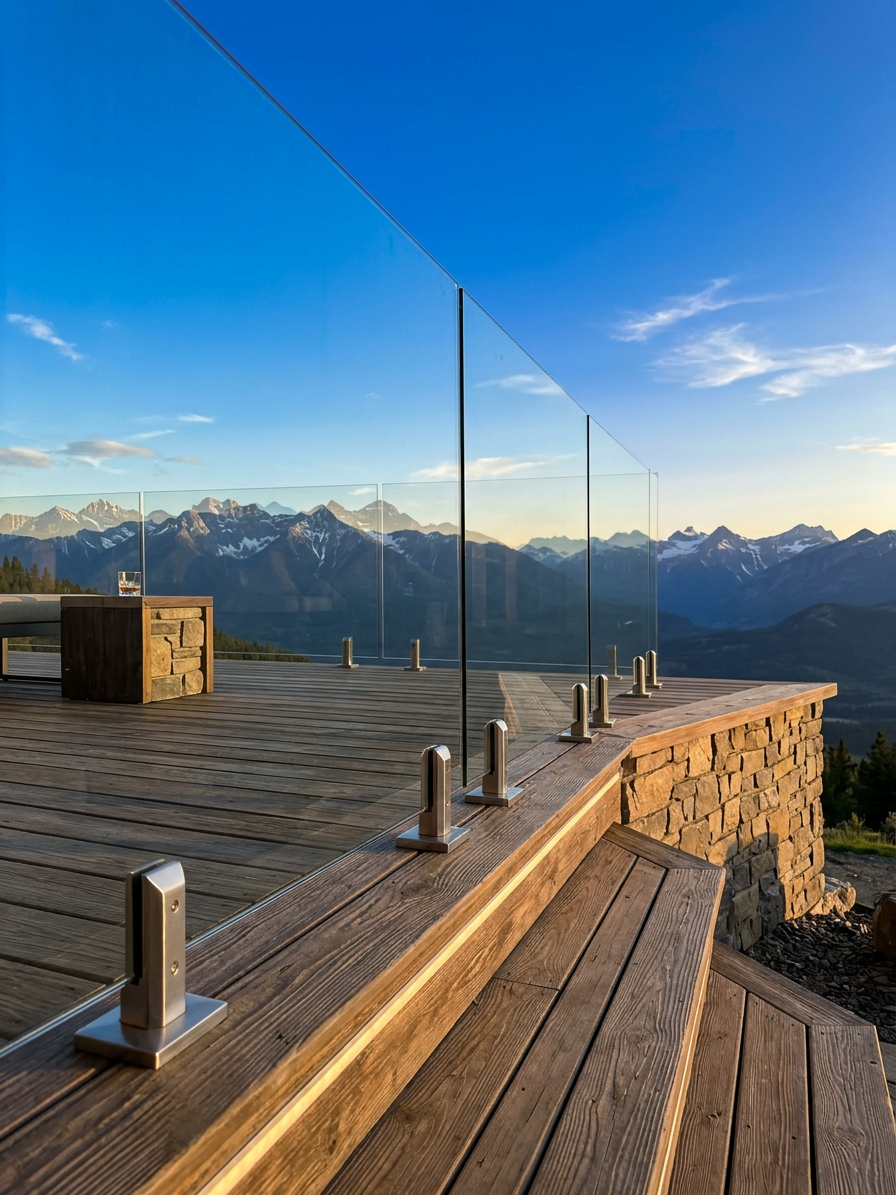 Close up view through a frameless clear glass deck railing looking out at a stunning East Kootenay mountain sunset from a luxury acreage.