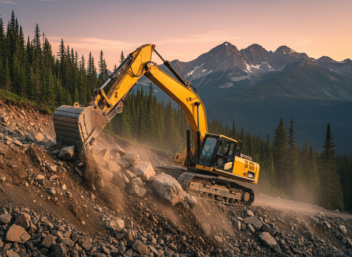 Large yellow excavator performing heavy site prep and earth moving on a steep rocky mountain lot in the East Kootenays for a custom home build.