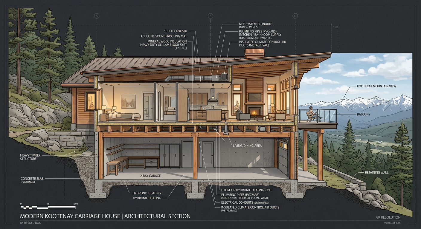 Architectural cross section diagram of a custom Kootenay carriage house showing a lower level garage and an upper residential suite with soundproofing and structural floor joists.