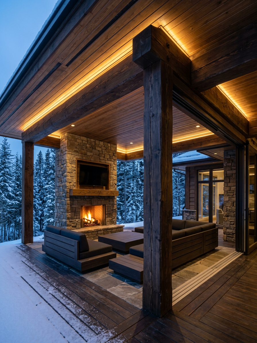 Luxurious covered deck and outdoor entertainment zone on a mountain acreage featuring a rich wood soffit ceiling and massive timber posts at twilight.