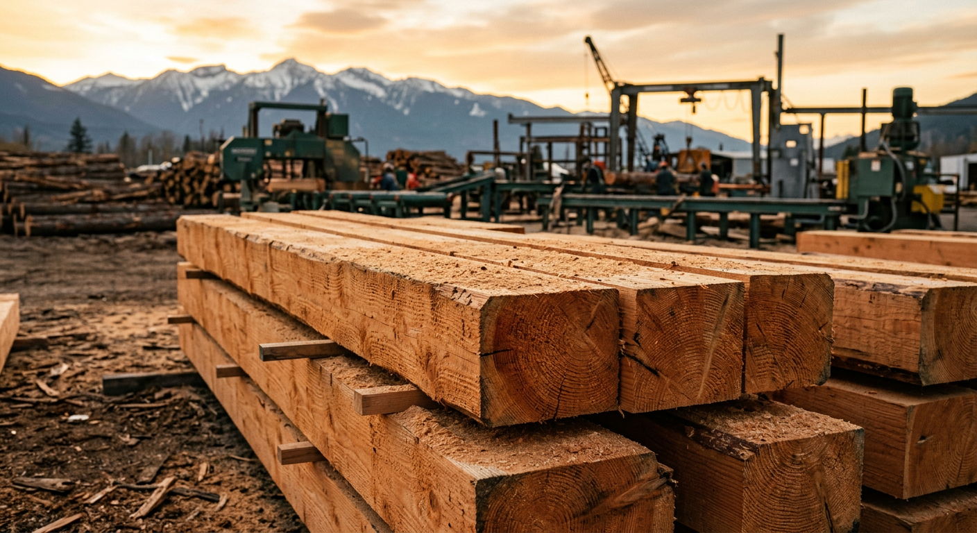 Close up view of massive raw Douglas Fir timber beams stacked at a local British Columbia sawmill for custom Kootenay home builds.