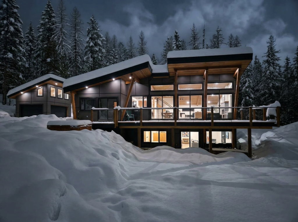 Vertical view of a modern custom carriage house in the East Kootenays featuring dark exterior panels heavy warm timber framing and glowing residential windows surrounded by deep winter snow at night.