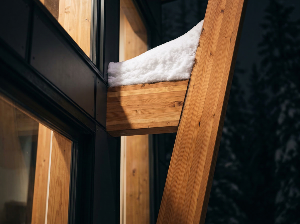 Extreme close up of massive warm wood timber structural beams connecting to dark modern flat panel exterior siding covered in heavy winter snow.
