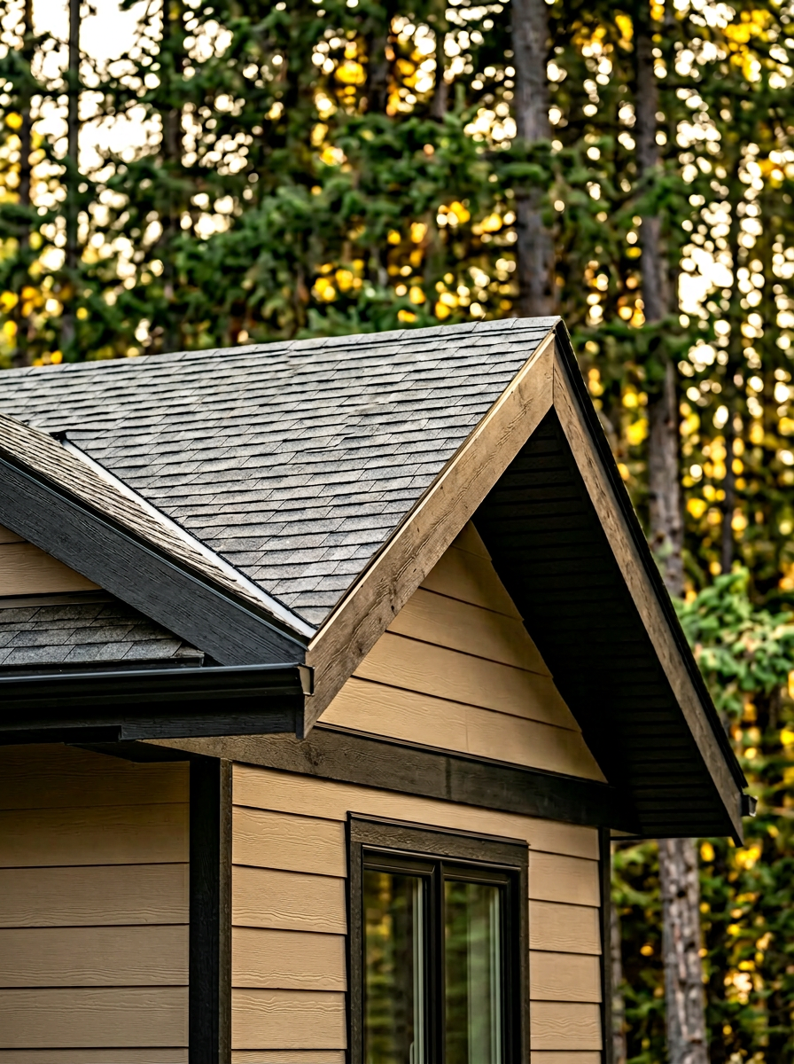 Close up architectural photograph showing a flawless new roofline and modern siding connecting perfectly to an existing Kootenay acreage home.