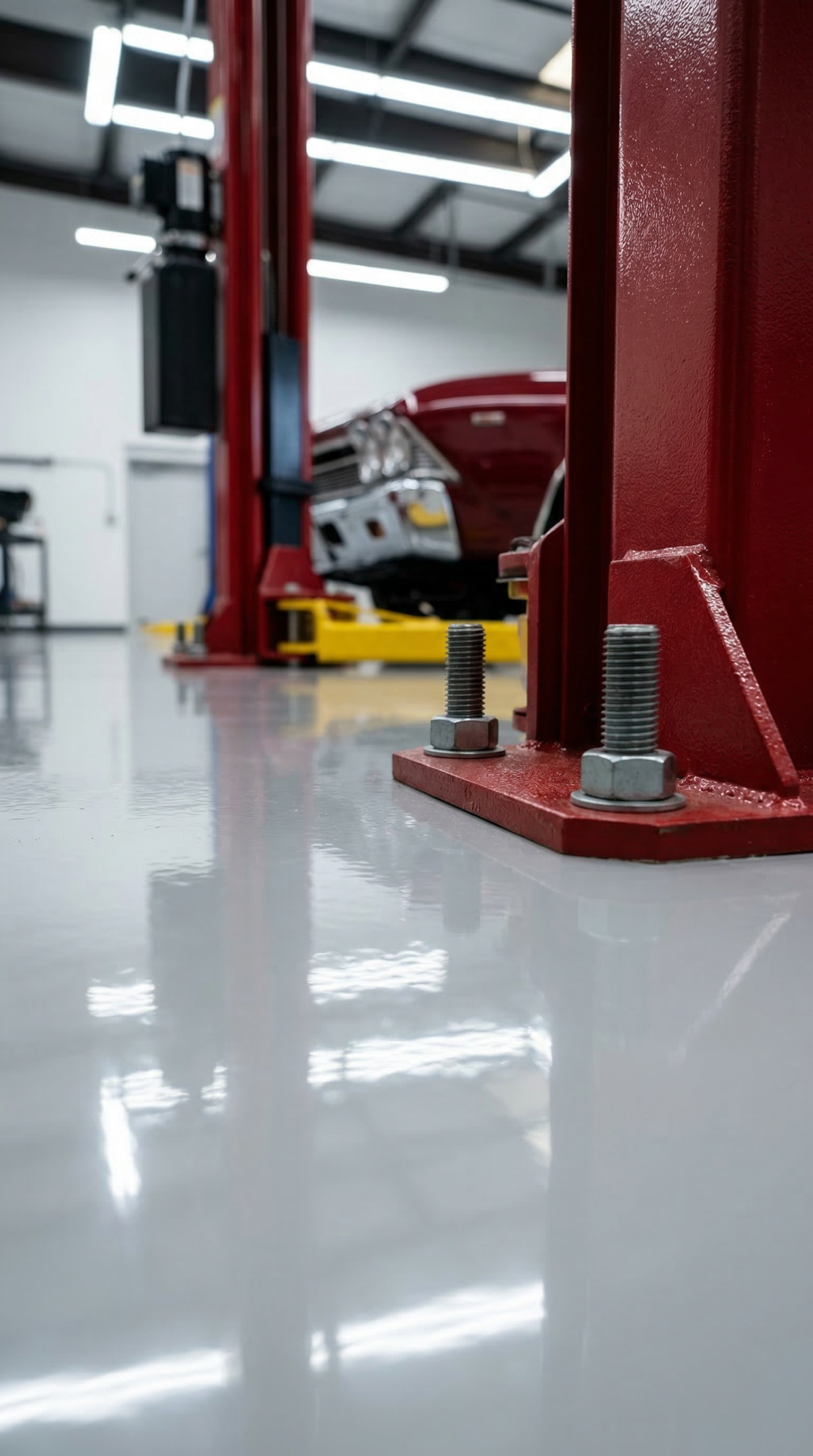 Close up interior view of a flawless high gloss epoxy coated concrete shop floor securely anchoring a heavy duty automotive lift inside a custom Kootenay garage.
