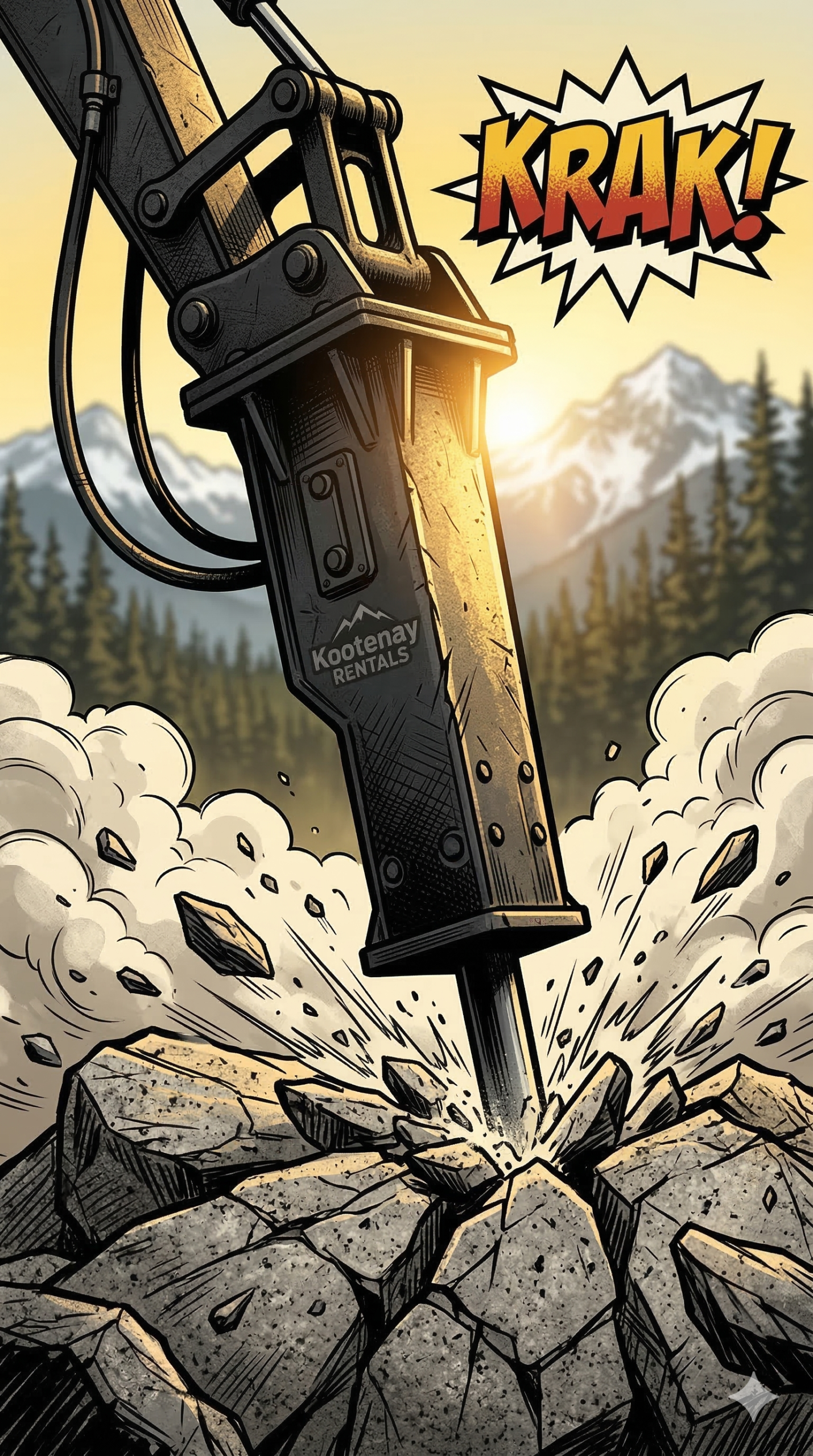 Close up comic illustration of a massive black hydraulic hammer attachment shattering a solid rock boulder with explosive impact sparks.