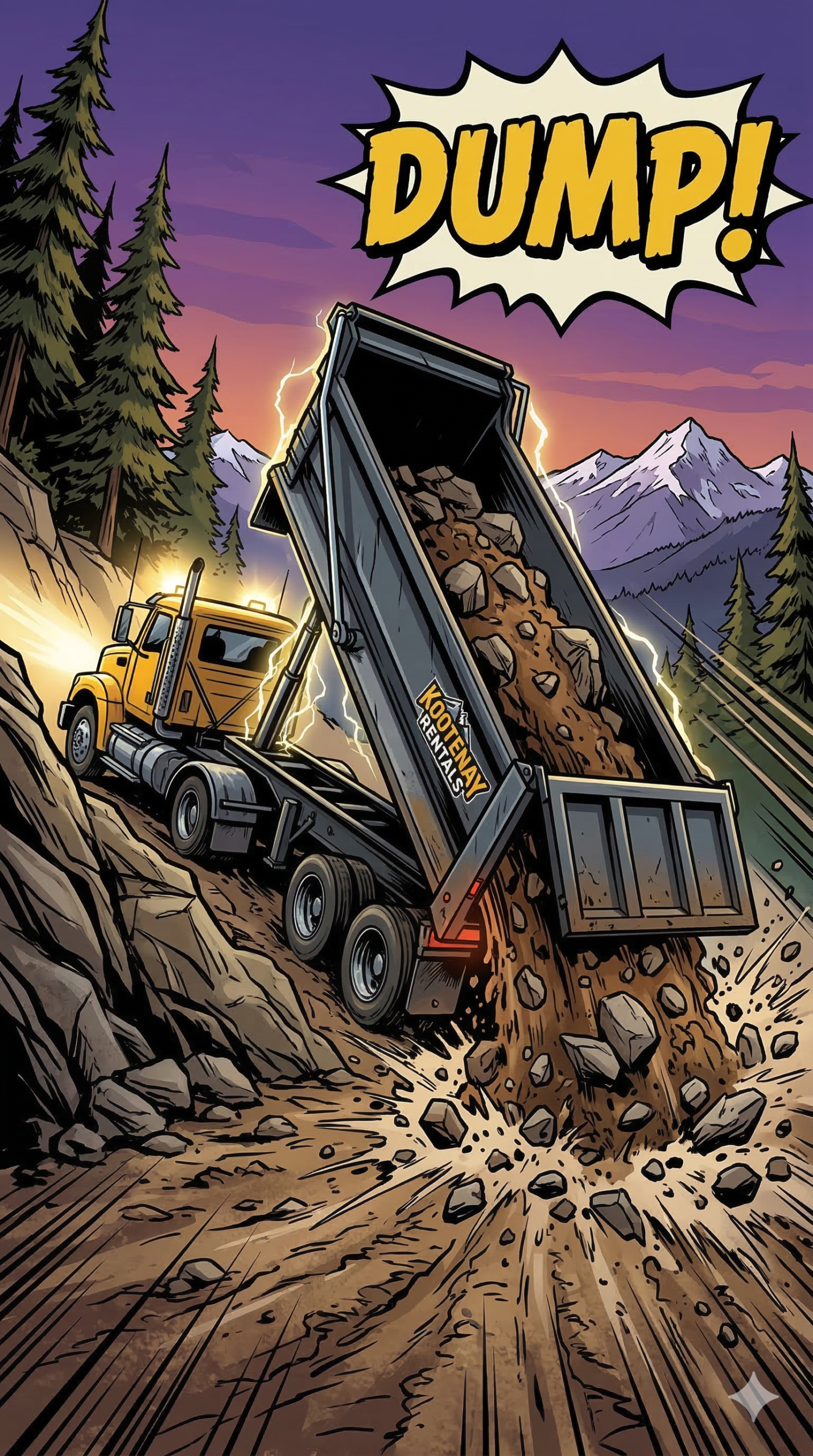 Dynamic comic book illustration of a yellow truck dumping heavy mountain rock from a dark grey hydraulic trailer on a rugged Kootenay slope.