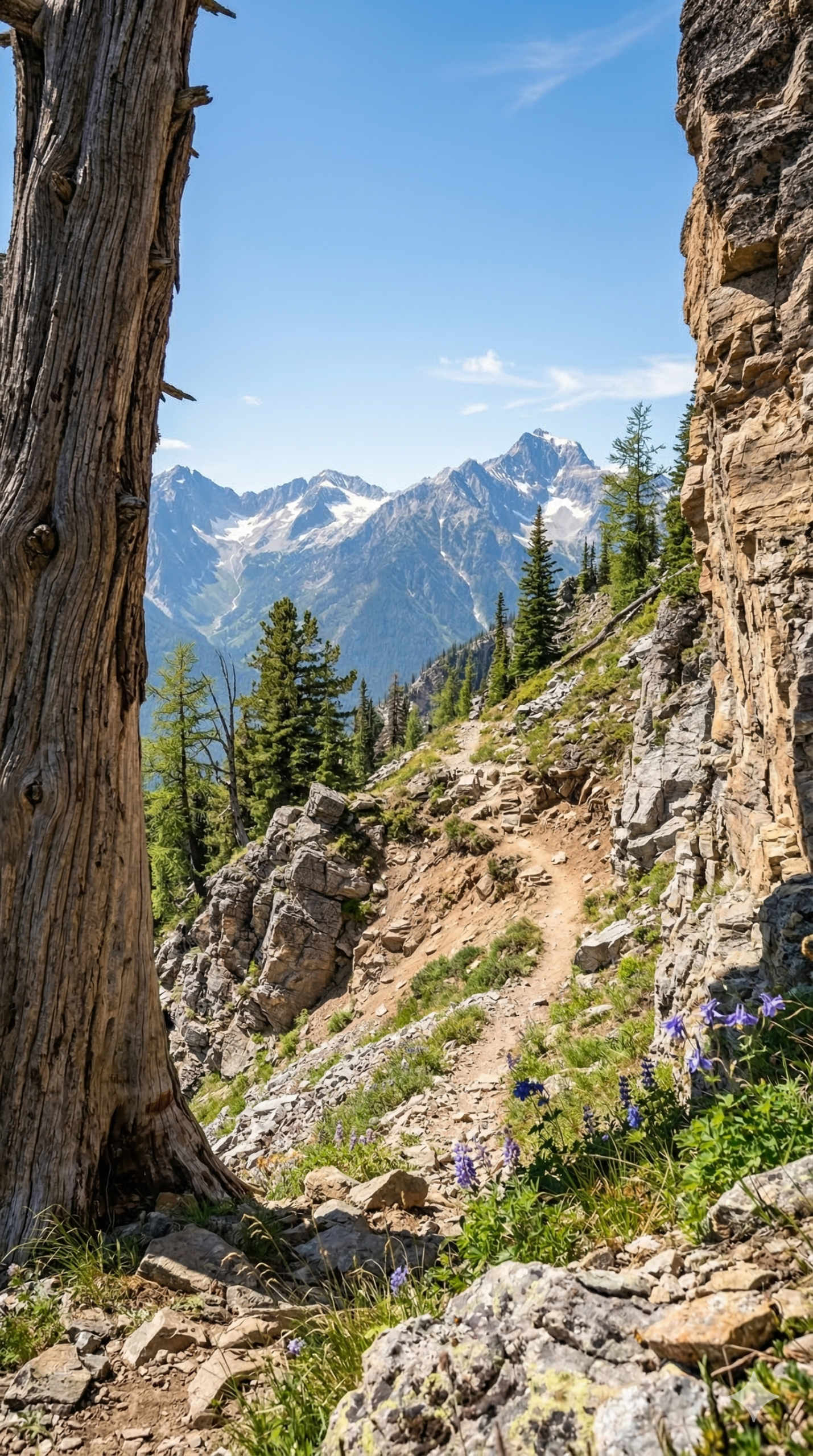 Vertical landscape photograph of a narrow rocky dirt trail on a very steep Fernie mountain slope with purple wildflowers and massive snow capped peaks in the background.
