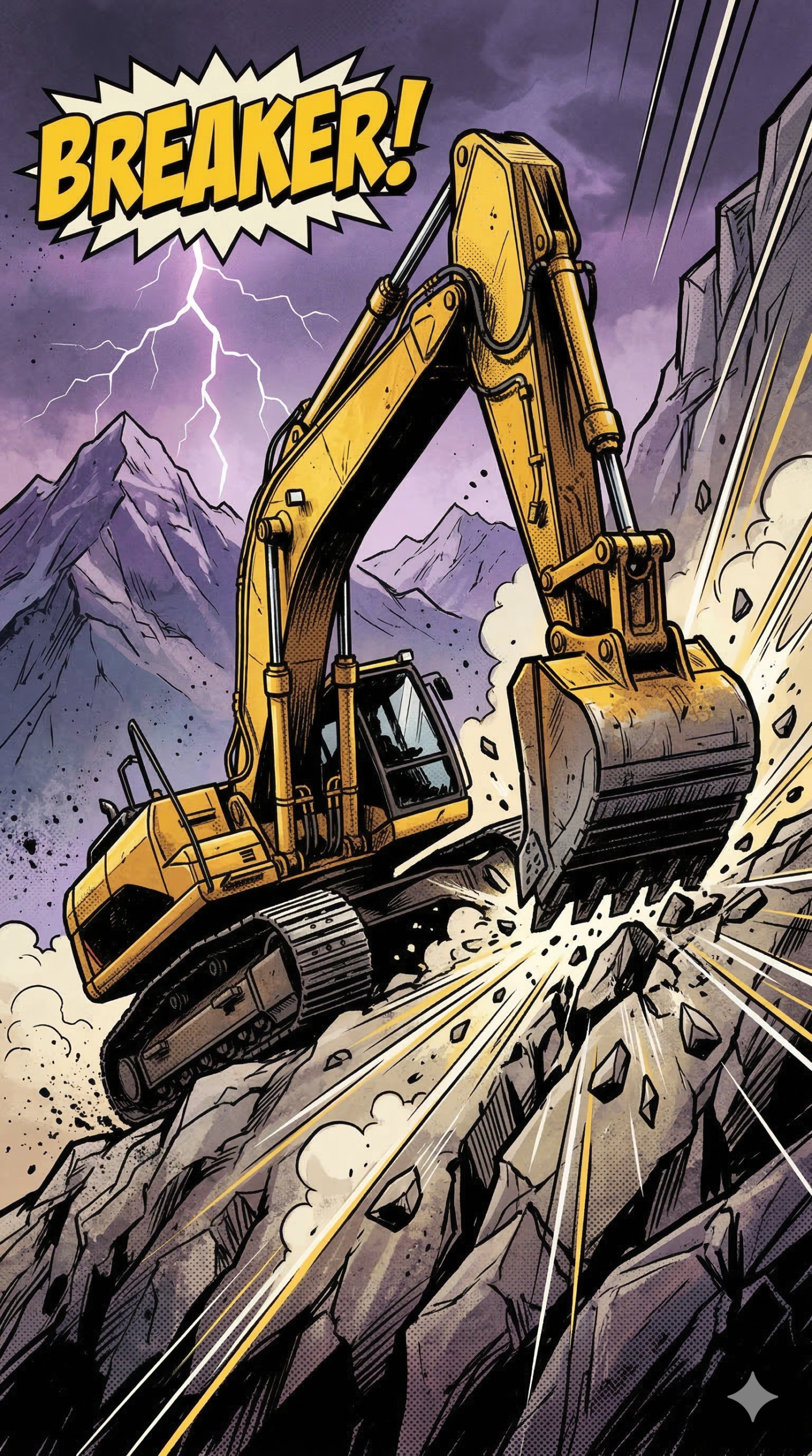 Comic book style illustration of a yellow heavy excavator smashing mountain rock on a steep Kootenay hillside with a bright purple sky and lightning.