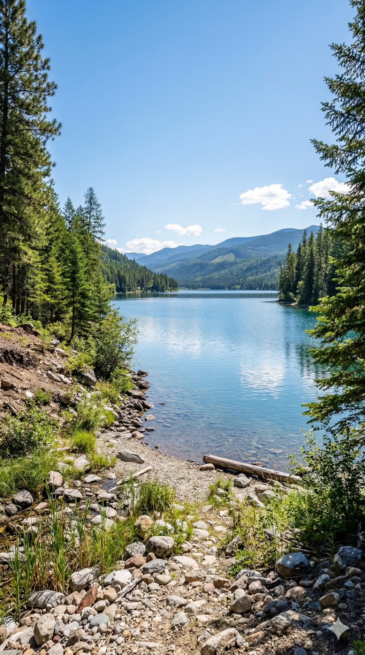 Vertical landscape photograph of a pristine calm blue lake surrounded by lush green trees and a gentle sloping rocky shoreline perfect for a custom waterfront estate in the South Country.