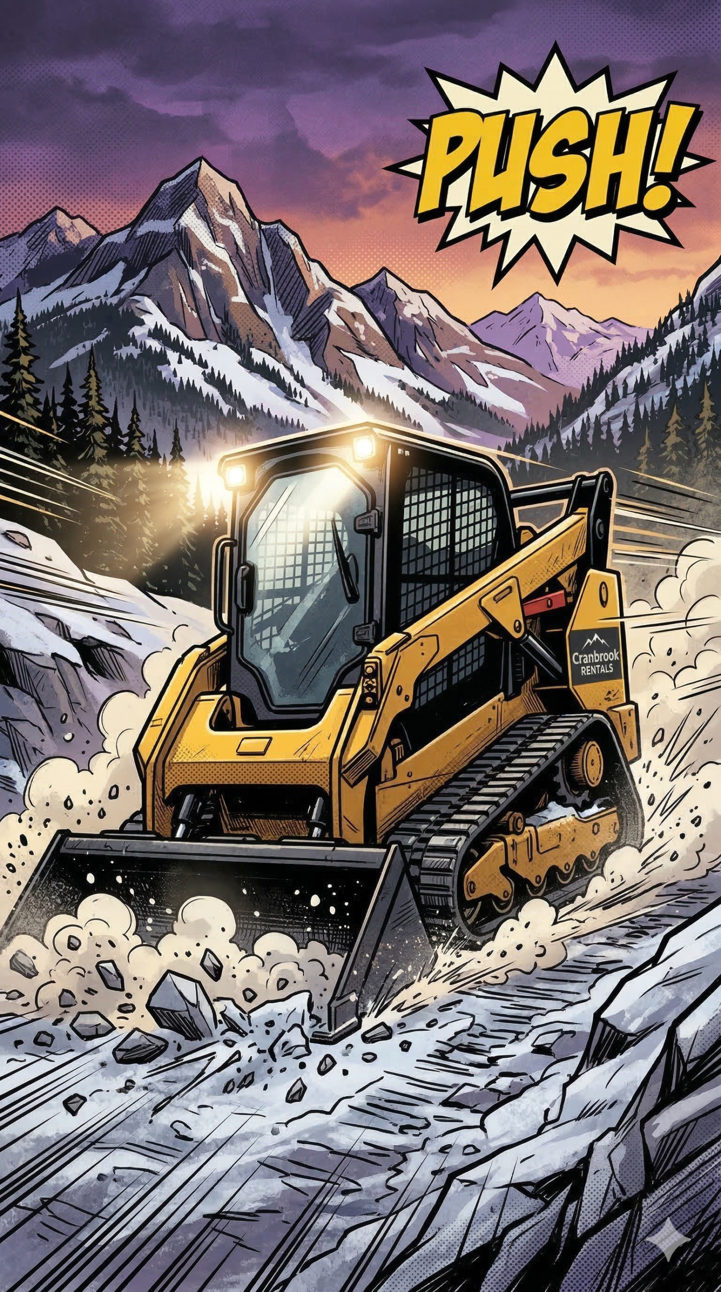 Action packed comic illustration of a yellow compact track loader aggressively pushing dirt and snow on a steep Kootenay mountain driveway.