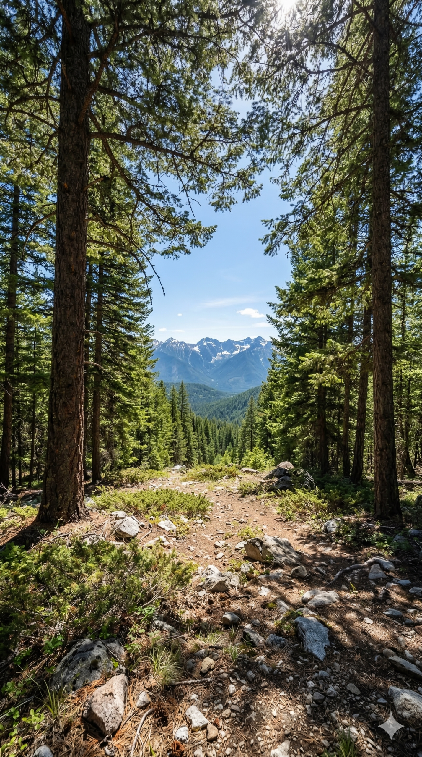 Vertical landscape photograph of a natural rocky forest floor surrounded by tall mature pine trees with a bright sunny view of the distant Kimberley mountains.