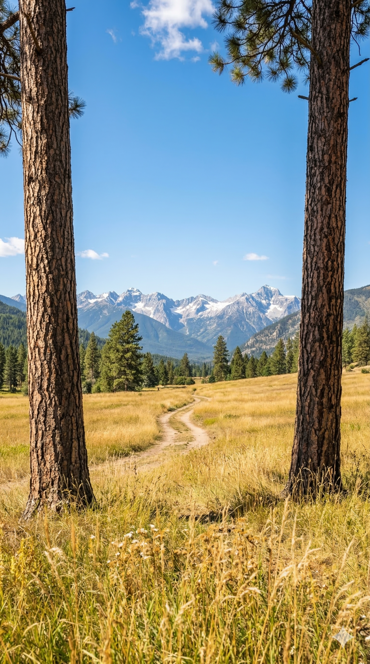 Vertical landscape photograph of a dirt path winding through a golden grass valley framed by two large pine trees with snow capped mountain peaks in the distance.